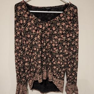 Lucky Brand Long Sleeve Tunic Top Black/Pink/Green Floral Medium